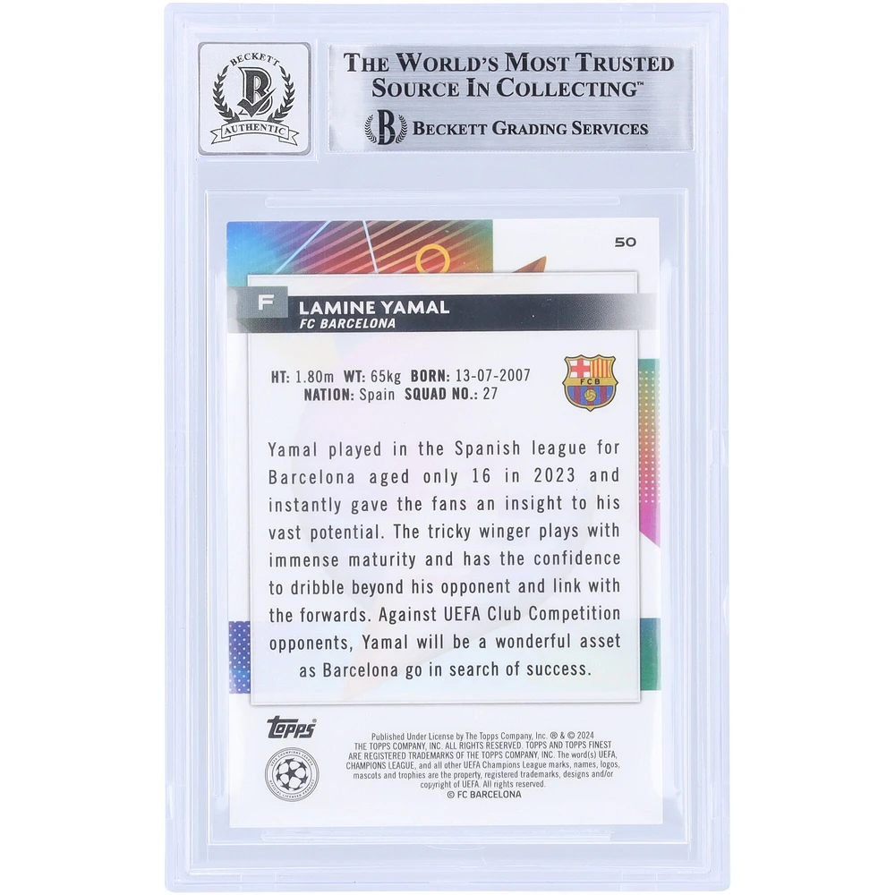 Lamine Yamal Barcelona Autographed 2023-24 Topps Finest UEFA Club Competition #50 Beckett Fanatics Witnessed Authenticated 9/10 Rookie Card