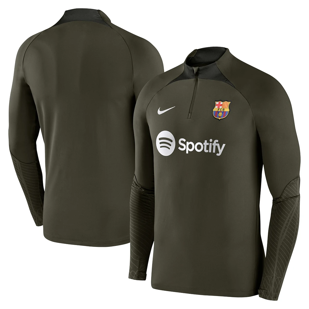 Haut à manches longues et fermeture éclair quart de performance pour Homme Nike Olive Barcelona Strike Drill 2023/24