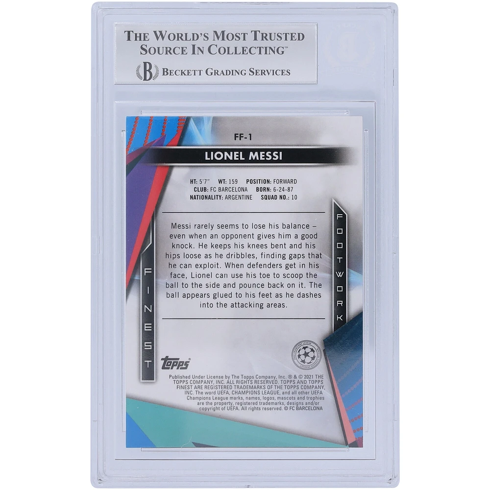 Topps Lionel Messi Barcelona Autographed 2020-21 Topps Finest UCL Finest Footwork #FF-1 BAS Authenticated Card