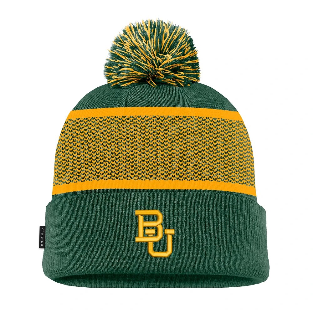 Youth Nike Green Baylor Bears 2024 Sideline Peak Cuffed Knit Hat with Pom