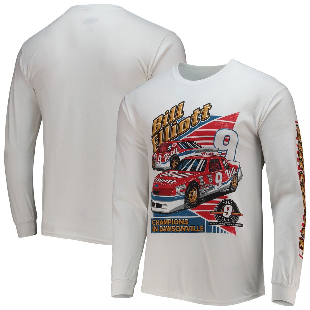 Men's Checkered Flag White Bill Elliott 2-Spot Long Sleeve T-Shirt