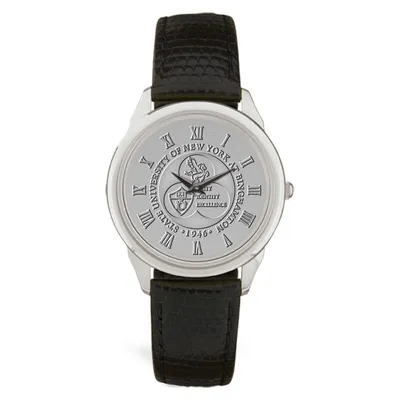 Binghamton Bearcats Medallion Black Leather Wristwatch - Silver