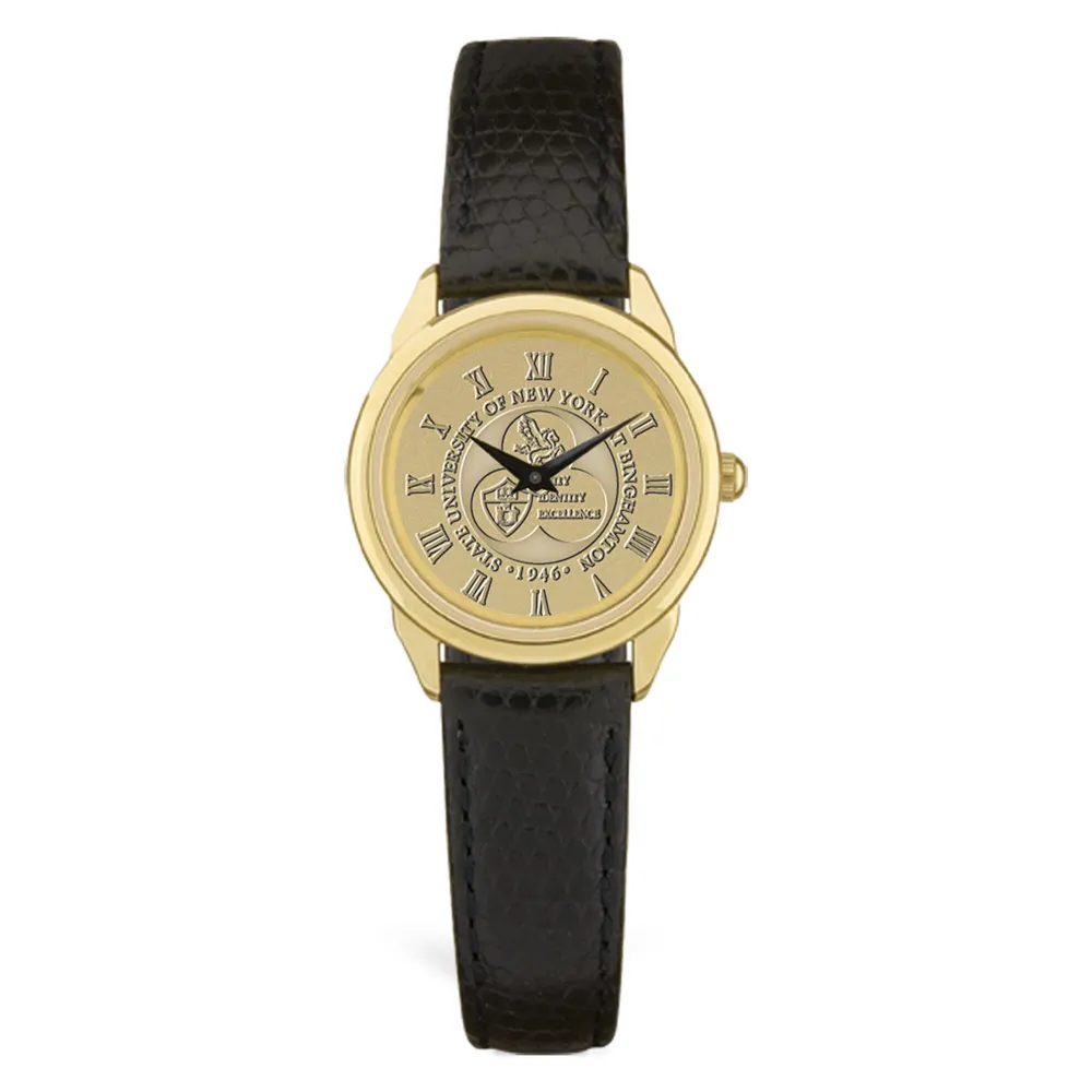 Binghamton Bearcats Women's Medallion Black Leather Wristwatch - Gold