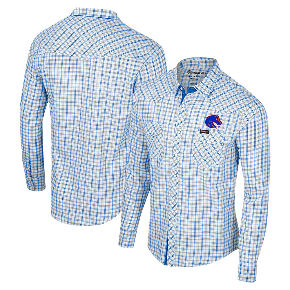 Men's Colosseum x Wrangler White Boise State Broncos Plaid Window Pane Long Sleeve Full-Snap Shirt