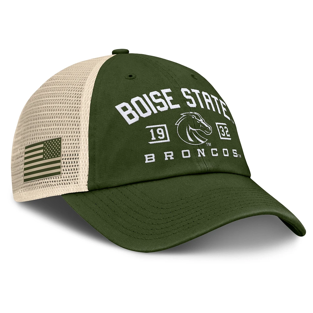 Men's Fanatics Olive Boise State Broncos OHT Military Appreciation Frontier Trucker Adjustable Hat