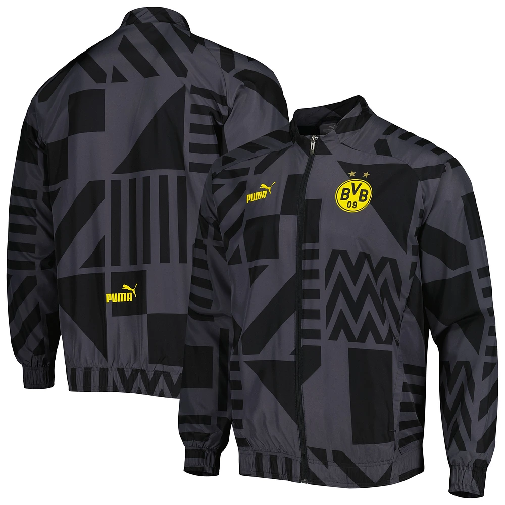 Men's Puma Black Borussia Dortmund Pre-Match Raglan Full-Zip Training Jacket