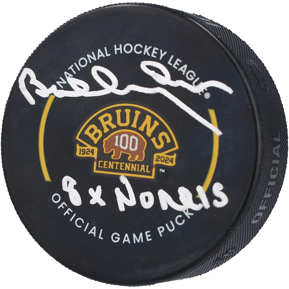 Bobby Orr Rondelle de jeu officielle du 100e anniversaire des Bruins de Boston dédicacée avec inscription « 8x Norris »