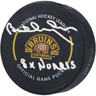 Bobby Orr Rondelle de jeu officielle du 100e anniversaire des Bruins de Boston dédicacée avec inscription « 8x Norris »