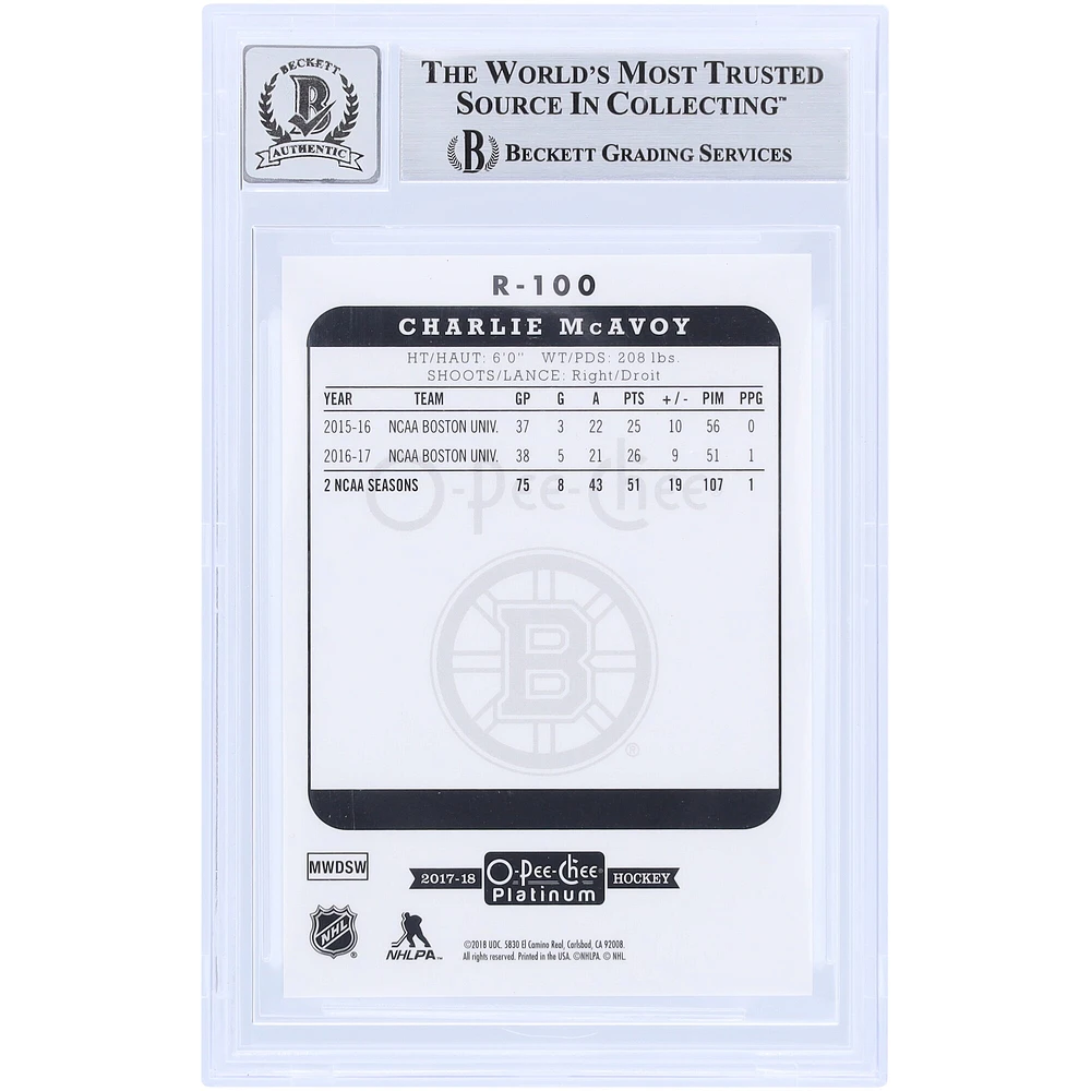 Charlie McAvoy Boston Bruins dédicacé 2017-18 Upper Deck O-Pee-Chee Platinum Retro #R-100 Beckett Fanatics témoin authentifié 9/10 Rookie Card