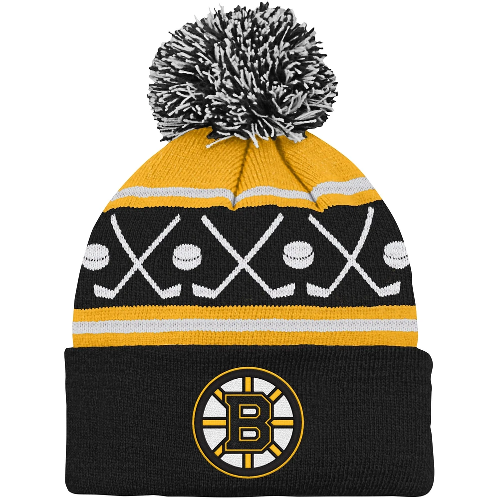 Bonnet en tricot à revers face-off des Bruins de Boston noir pour bébé avec pompon