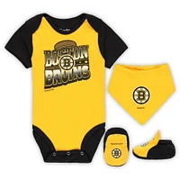 Ensemble de 3 bodys, bavoirs et chaussons Mitchell & Ness pour bébé, or/noir, Boston Bruins Big Score