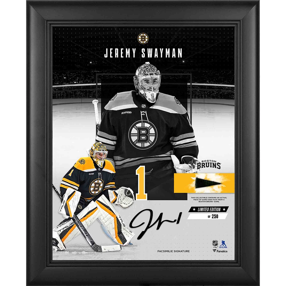 Jeremy Swayman Boston Bruins Facsimile Signature Framed 11" x 14" Impact Collage with a Piece of Game-Used Puck - Limited Edition of 250