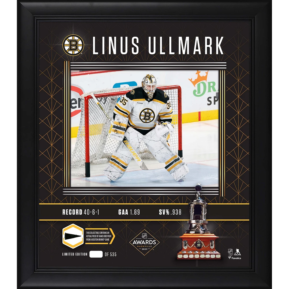 Linus Ullmark Boston Bruins 2023 Vezina Trophy Winner Framed 15" x 17" Photograph with Piece of Game-Used Puck - Limited Edition of 535