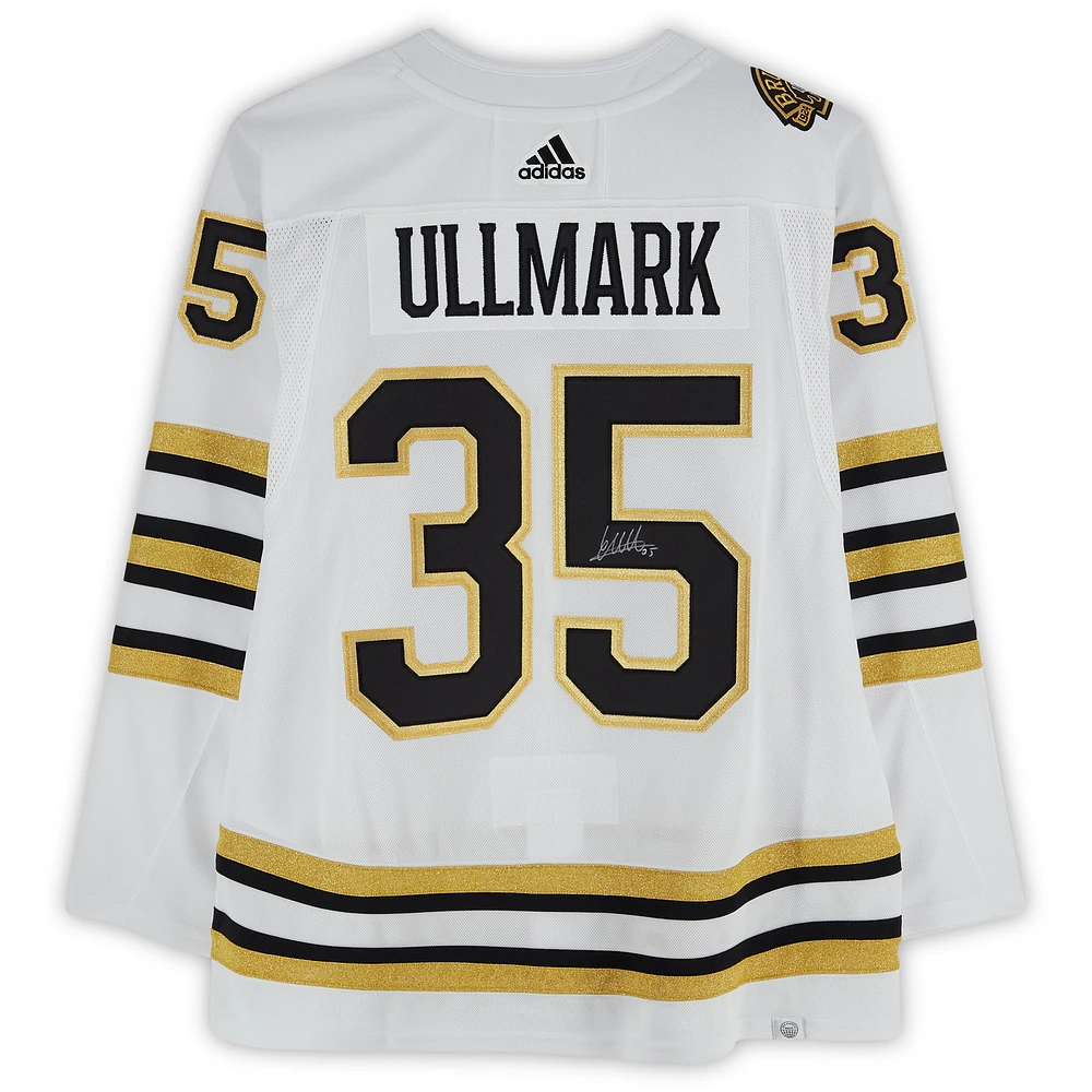 Maillot adidas authentique blanc autographié par Linus Ullmark des Boston Bruins 2023-24 avec patch du 100e anniversaire
