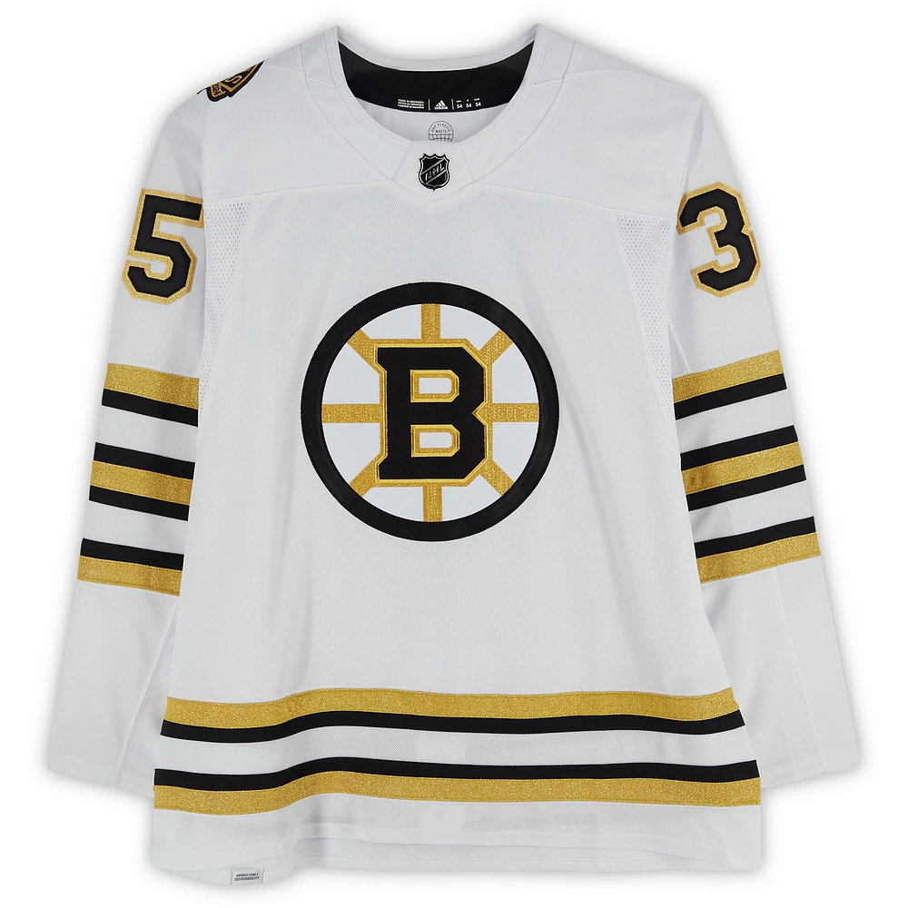 Maillot adidas authentique blanc autographié par Linus Ullmark des Boston Bruins 2023-24 avec patch du 100e anniversaire