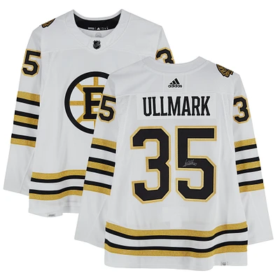 Maillot adidas authentique blanc autographié par Linus Ullmark des Boston Bruins 2023-24 avec patch du 100e anniversaire