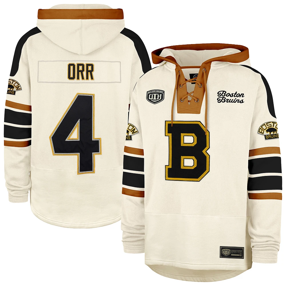 Men's '47 Bobby Orr Cream Boston Bruins Blue Line Heritage Name & Number Lace-Up Pullover Hoodie