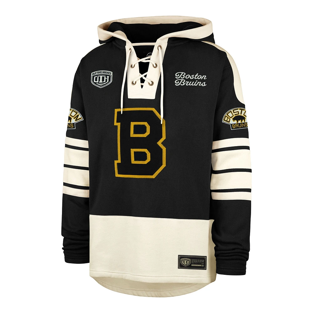 Men's '47  Black Boston Bruins Blue Line Heritage Lacer Pullover Hoodie