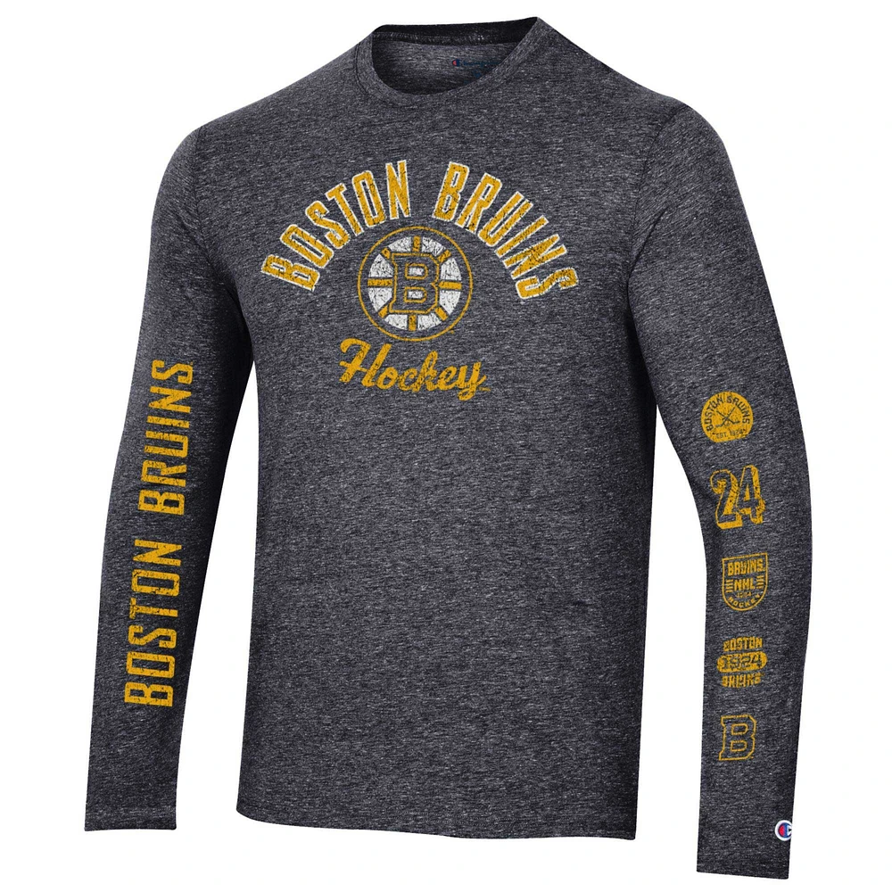 Men's Champion Heather Black Boston Bruins Multi-Logo Tri-Blend Long Sleeve T-Shirt