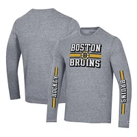 T-shirt à manches longues trois mélanges double bande Champion Heather Grey Boston Bruins pour hommes