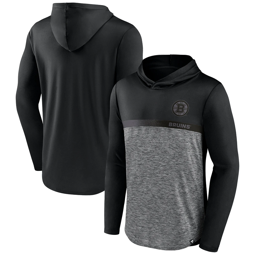 Men's Fanatics Black/Heather Charcoal Boston Bruins Iconic Defender Pullover Hoodie