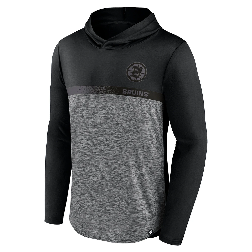Men's Fanatics Black/Heather Charcoal Boston Bruins Iconic Defender Pullover Hoodie