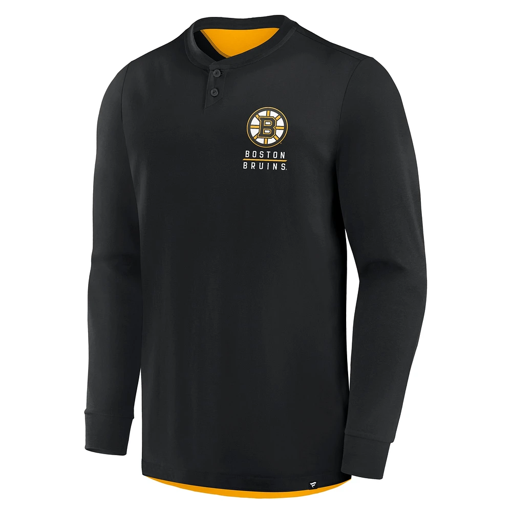 Men's Fanatics Black Boston Bruins Adrenaline Push Long Sleeve Henley Shirt