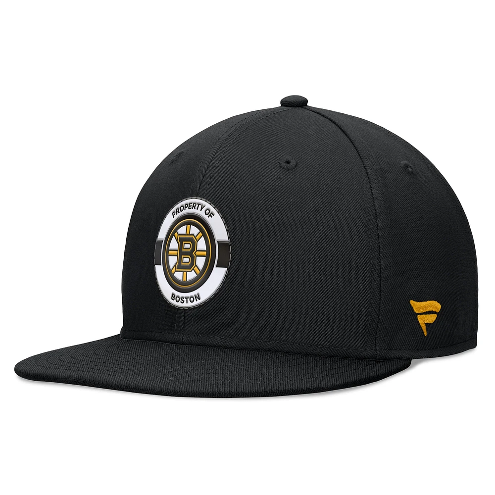 Casquette Snapback authentique Pro Training Camp des Bruins de Boston Fanatics pour hommes, noire