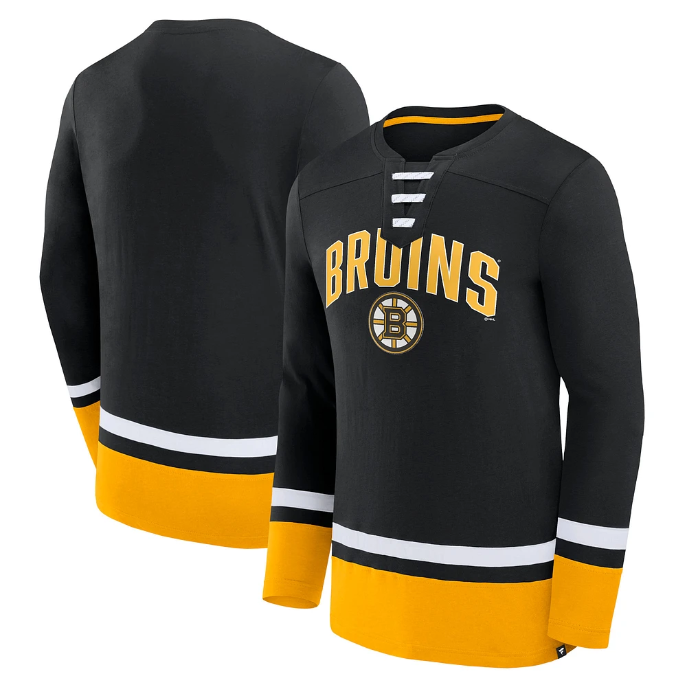 T-shirt noir à manches longues lacets Fanatics pour hommes des Bruins de Boston Back Pass