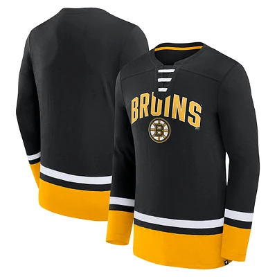 Men's Fanatics Black Boston Bruins Back Pass Lace-Up Long Sleeve T-Shirt