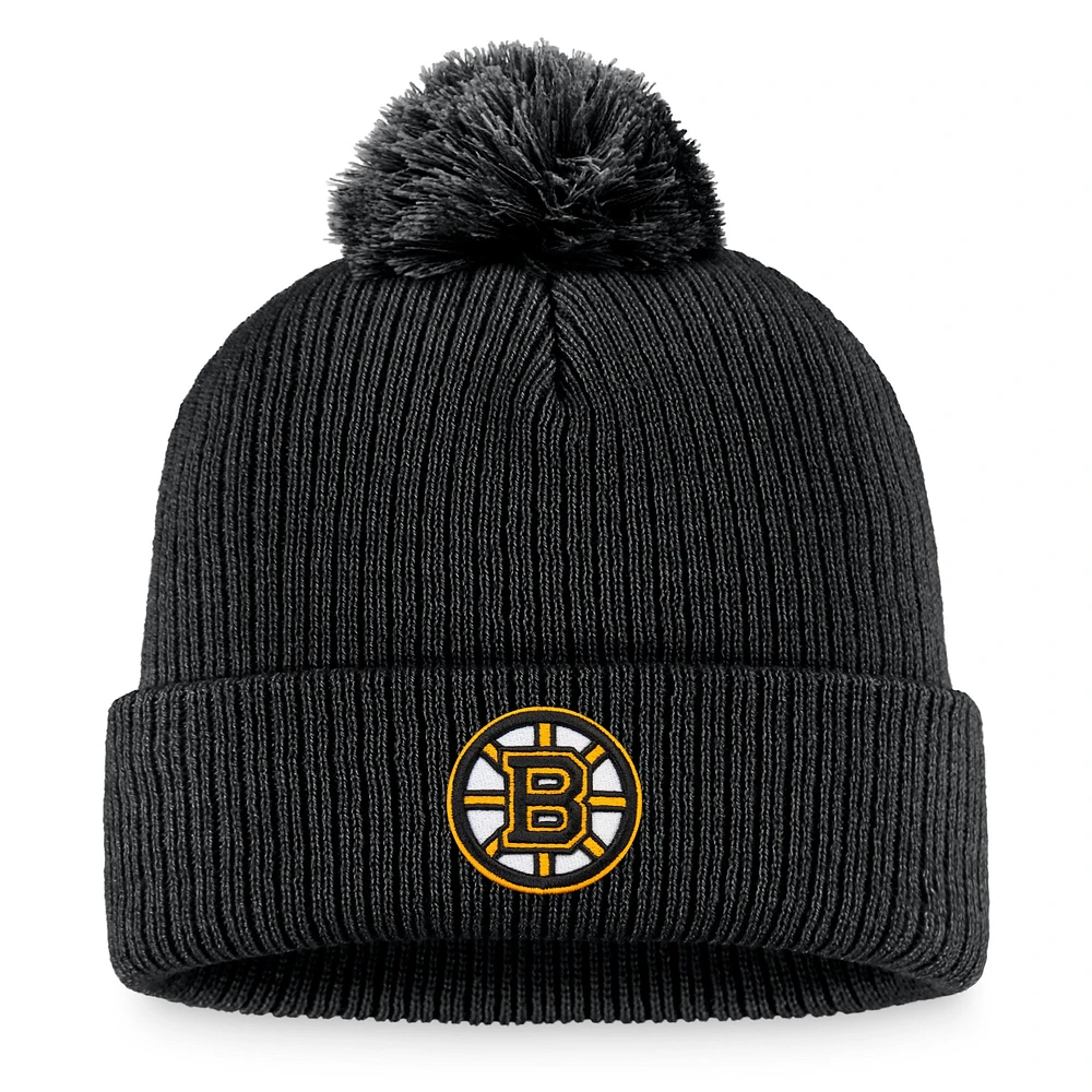 Bonnet en tricot à revers avec logo principal Fanatics Black Boston Bruins Core pour hommes avec pompon