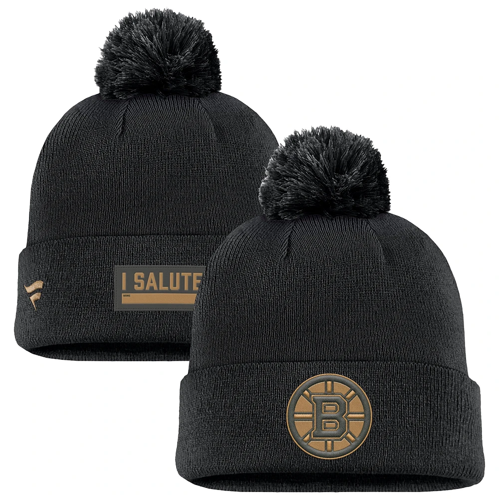 Bonnet en tricot à revers avec pompon pour homme Fanatics Black Boston Bruins Military Appreciation