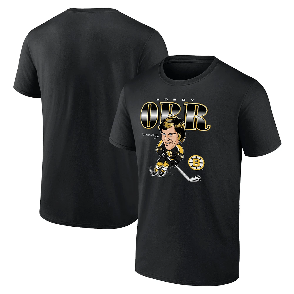 T-shirt noir de caricature joueur des Bruins Boston Fanatics Bobby Orr pour hommes