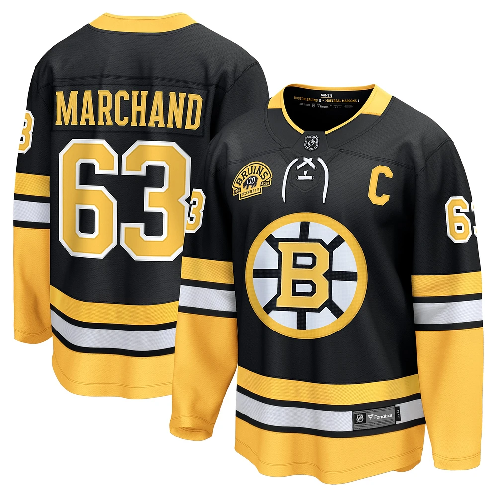 Maillot de joueur Premier Breakaway des Bruins Boston 100e anniversaire Fanatics Brad Marchand pour hommes noir