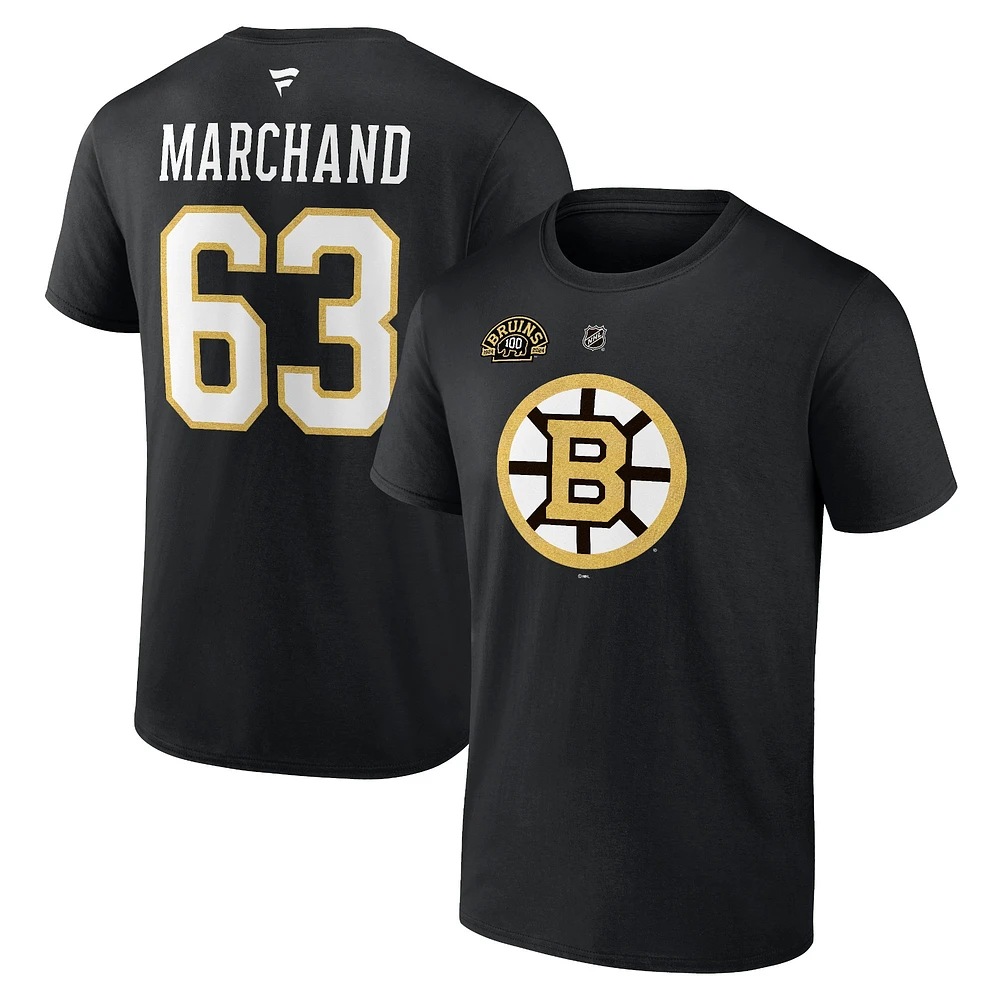 T-shirt authentique avec nom et numéro de pile des Bruins Boston Fanatics Brad Marchand pour hommes