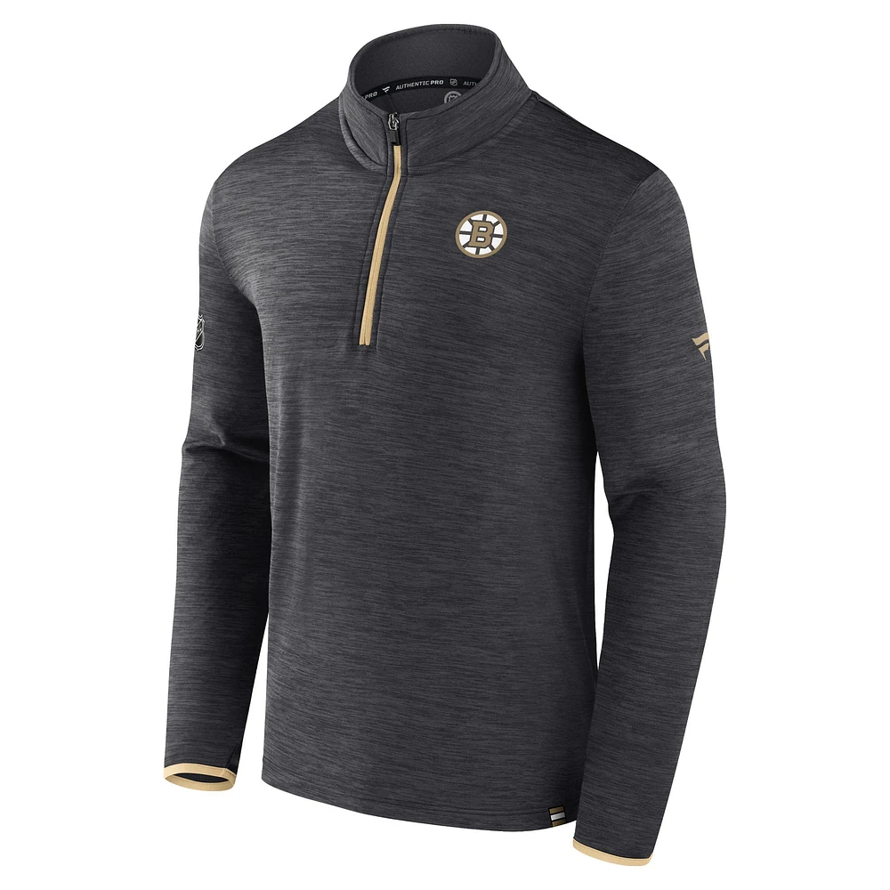 Pull léger à glissière quart de tour Fanatics Heather Charcoal Boston Bruins Authentic Pro pour homme