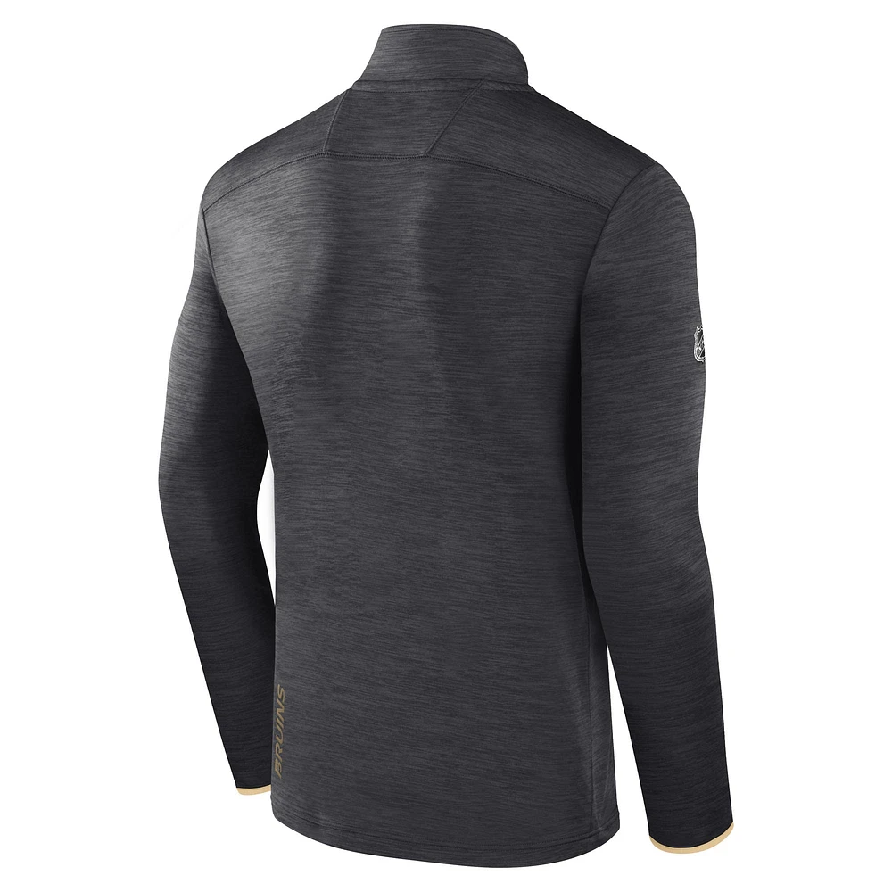 Pull léger à glissière quart de tour Fanatics Heather Charcoal Boston Bruins Authentic Pro pour homme