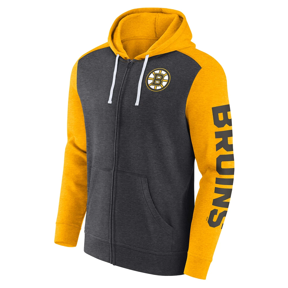 Sweat à capuche entièrement zippé pour hommes Fanatics Heather Charcoal Boston Bruins Down and Distance