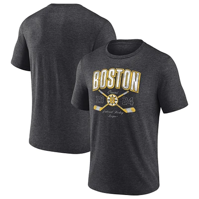 T-shirt à trois couleurs vieilli Fanatics Heather Charcoal Boston Bruins Vintage Cross Sticks pour hommes