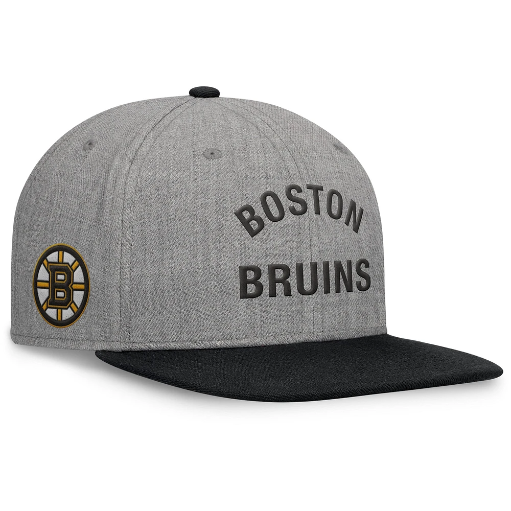 Men's Fanatics Heather Gray Boston Bruins Elements Flat Brim Leather Strapback Hat