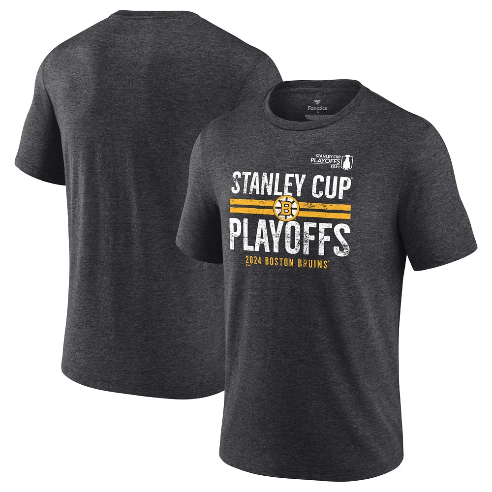 T-shirt tri-blend pour homme avec barre transversale des séries éliminatoires de la Coupe Stanley 2024 Bruins Boston, couleur anthracite