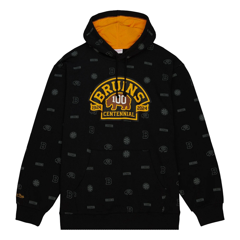 Sweat à capuche noir imprimé intégral du 100e anniversaire des Bruins de Boston Mitchell & Ness pour hommes