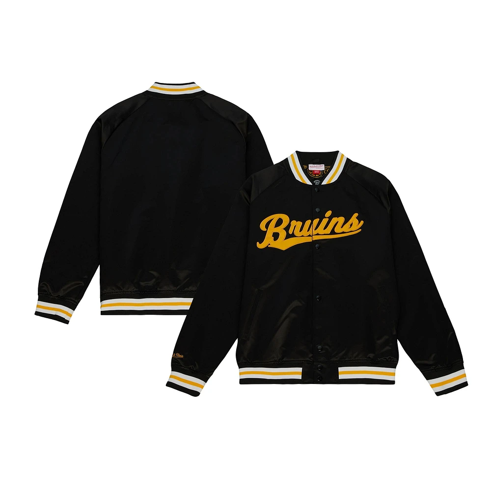 Men's Mitchell & Ness Black Boston Bruins 100th Anniversary Satin Raglan Full-Snap Jacket