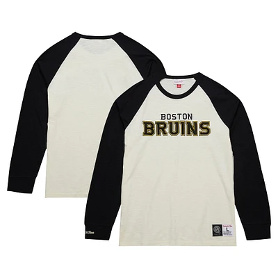 T-shirt à manches longues raglan vintage légendaire flammé des Bruins de Boston crème Mitchell & Ness pour hommes