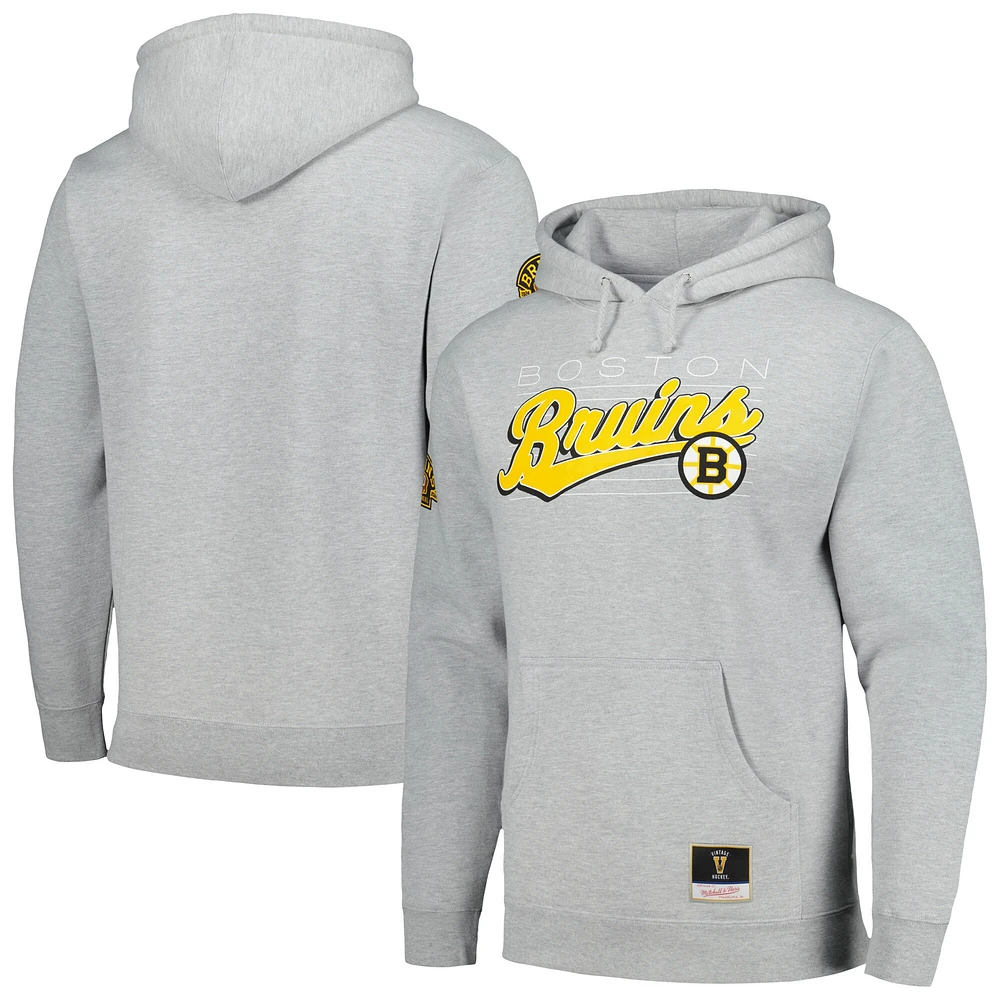 Men's Mitchell & Ness Heather Gray Boston Bruins 100th Anniversary Script Sweep Pullover Hoodie