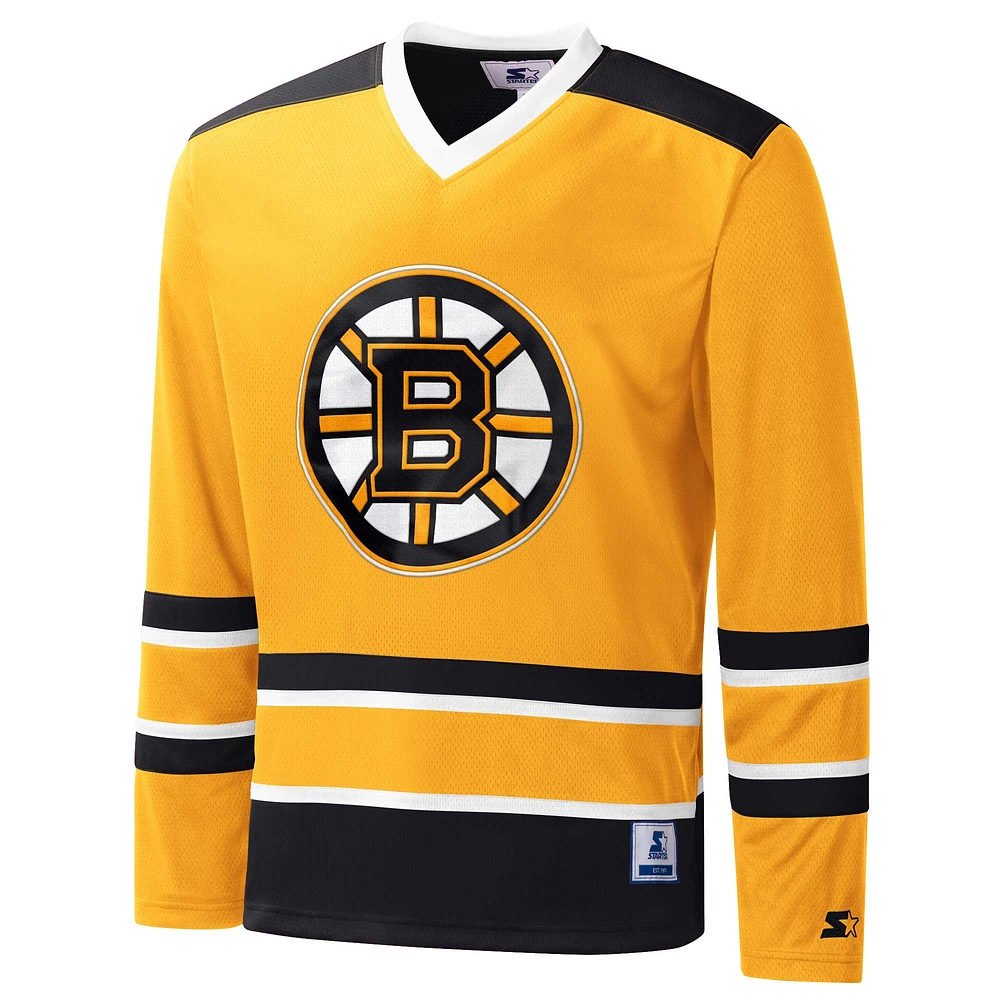 T-shirt à manches longues et col en V jersey carreaux Boston Bruins Starter or/noir pour homme