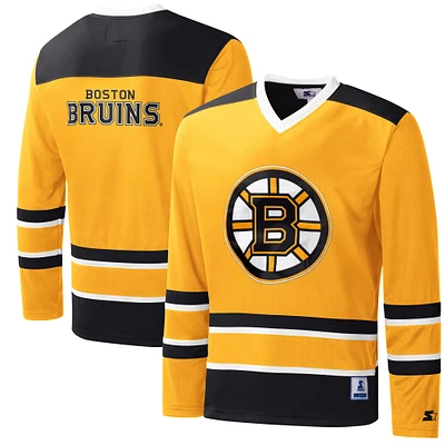 Men's Starter Gold/Black Boston Bruins Cross Check Jersey V-Neck Long Sleeve T-Shirt