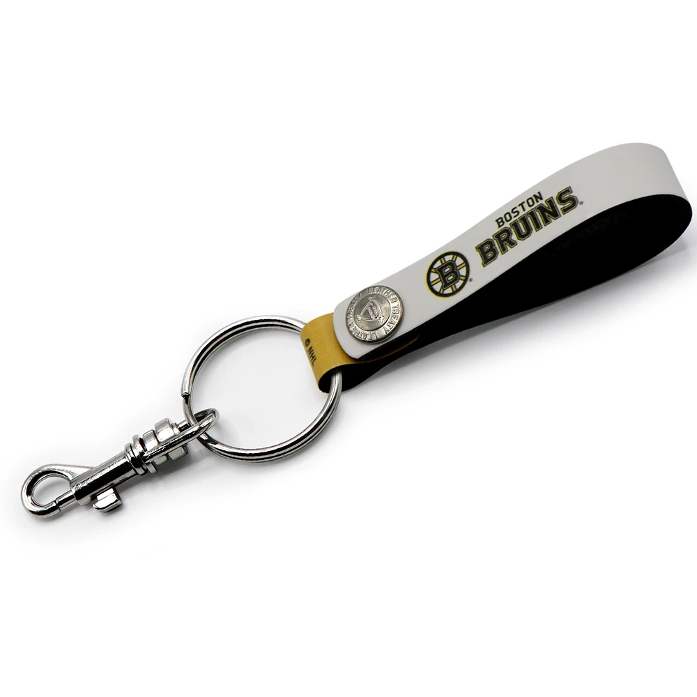 White Boston Bruins Personalized Leather Loop Keychain