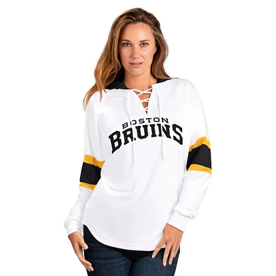 Women's G-III 4Her by Carl Banks  White Boston Bruins Goal Zone Long Sleeve Lace-Up Hoodie T-Shirt
