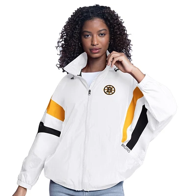 Women's G-III Sports by Carl Banks  White Boston Bruins Game News Oversized Full-Zip Hoodie Jacket